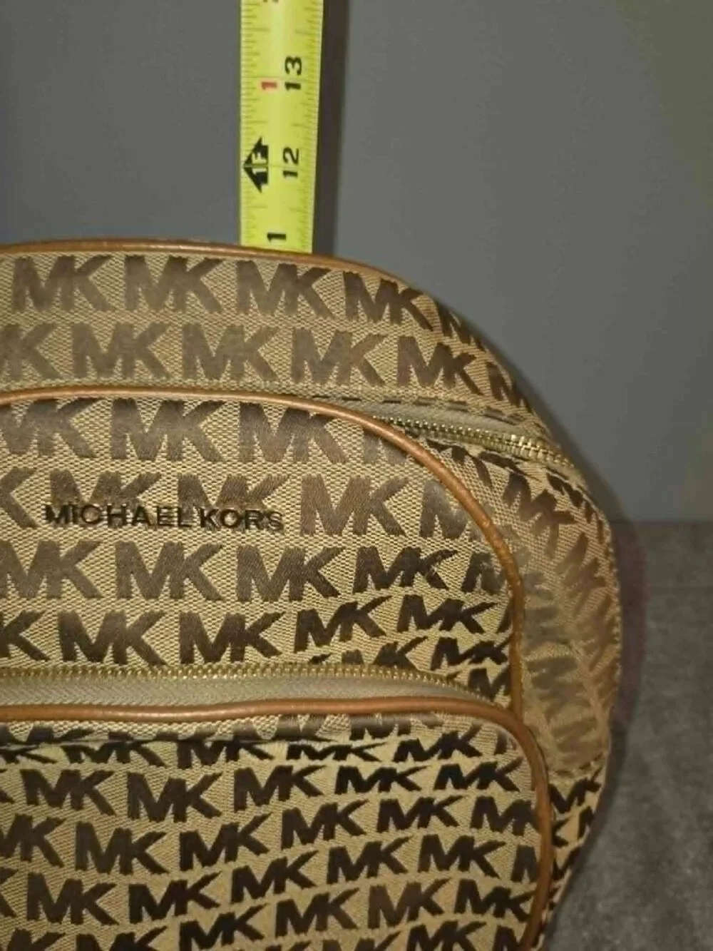 Michael Kors MK Signature Jacquard Small Backpack Brown Tan Leather Trim